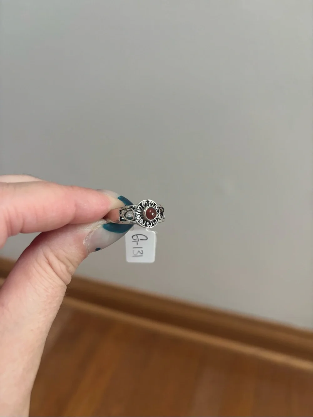 Silver Tone Ornate Heart Design Red Gem Ring